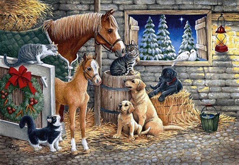 Horses and Dogs in Barn
