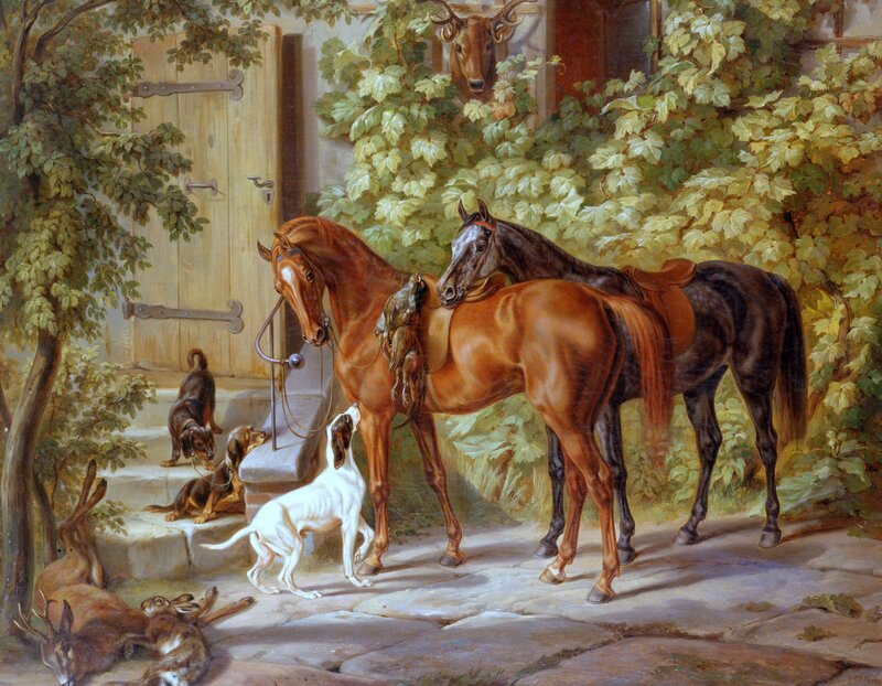 Horses and Dogs in Courtyard