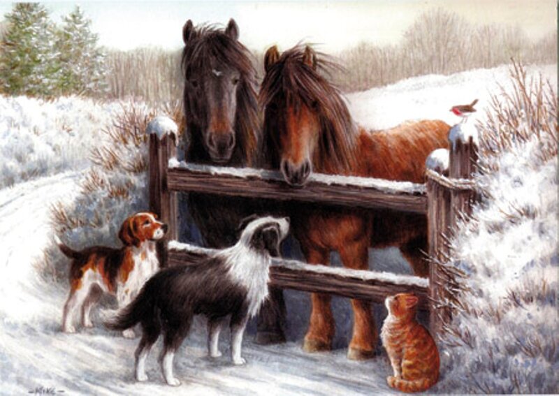Horses and Dogs in Snow