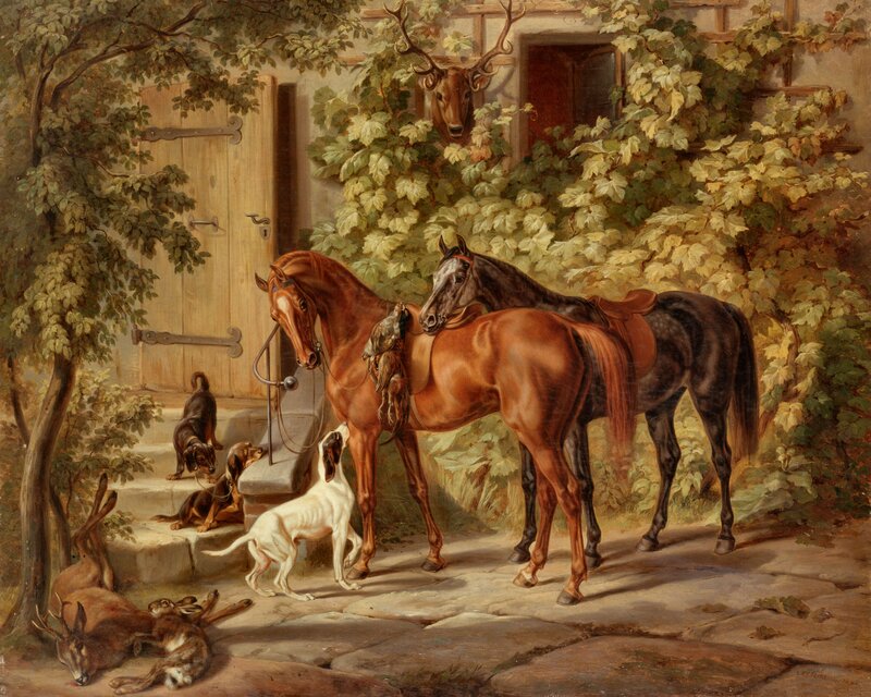 Horses and Dogs Outside — Brown