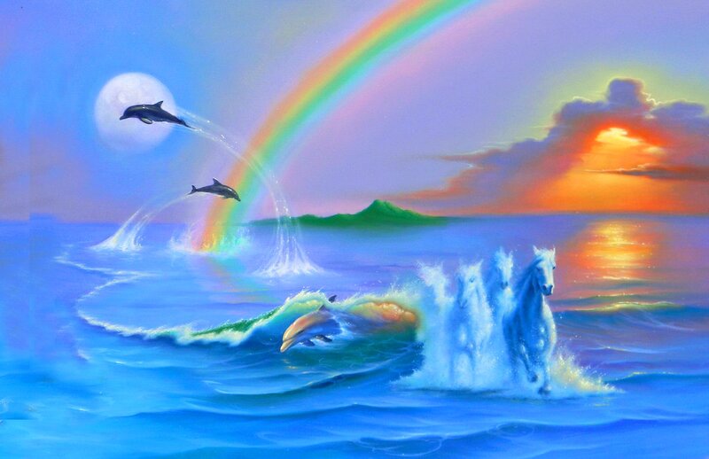 Horses and Dolphins in Ocean