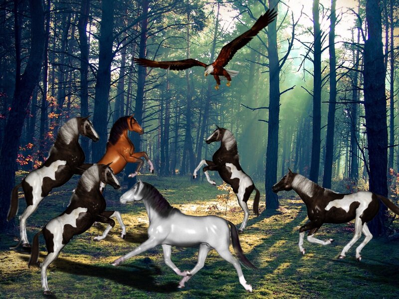 Horses and Eagle in Forest — Green