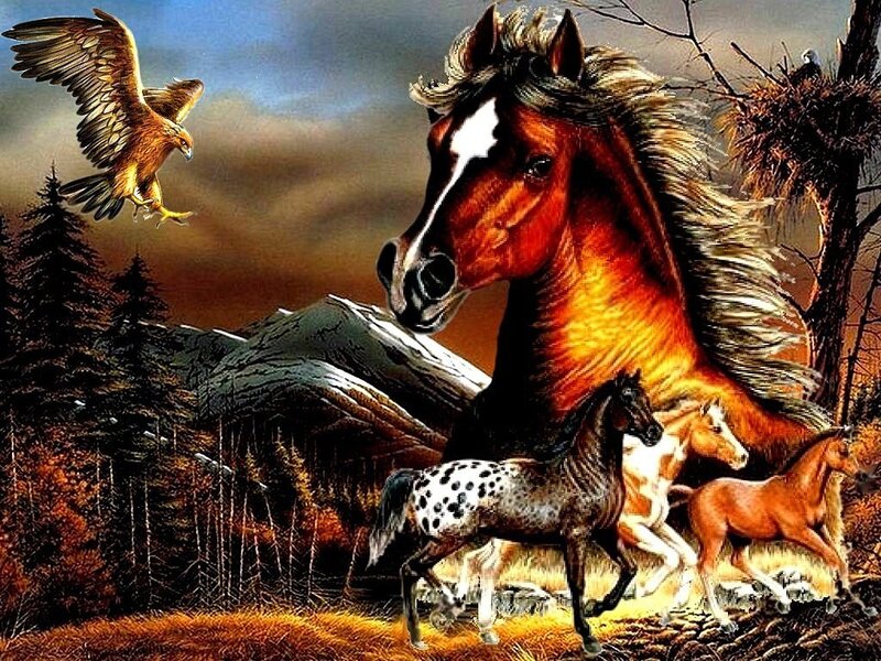 Horses and Eagle in Forest
