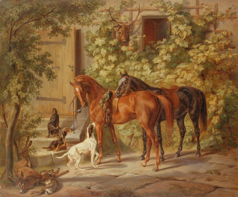 Horses and Hounds at a Stable