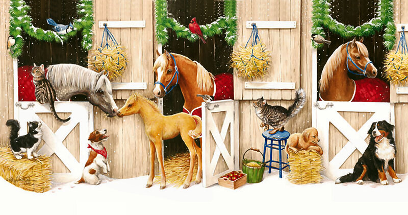 Horses and Pets in Barn — Brown