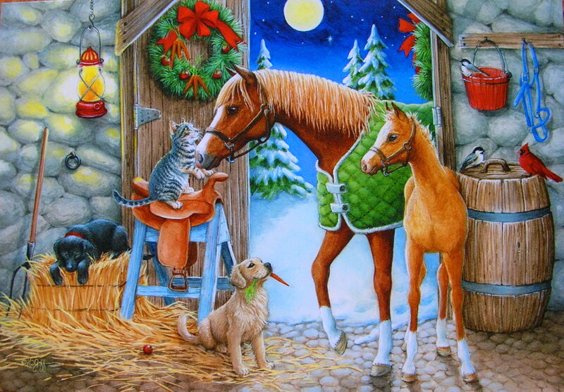 Horses and Pets in Barn