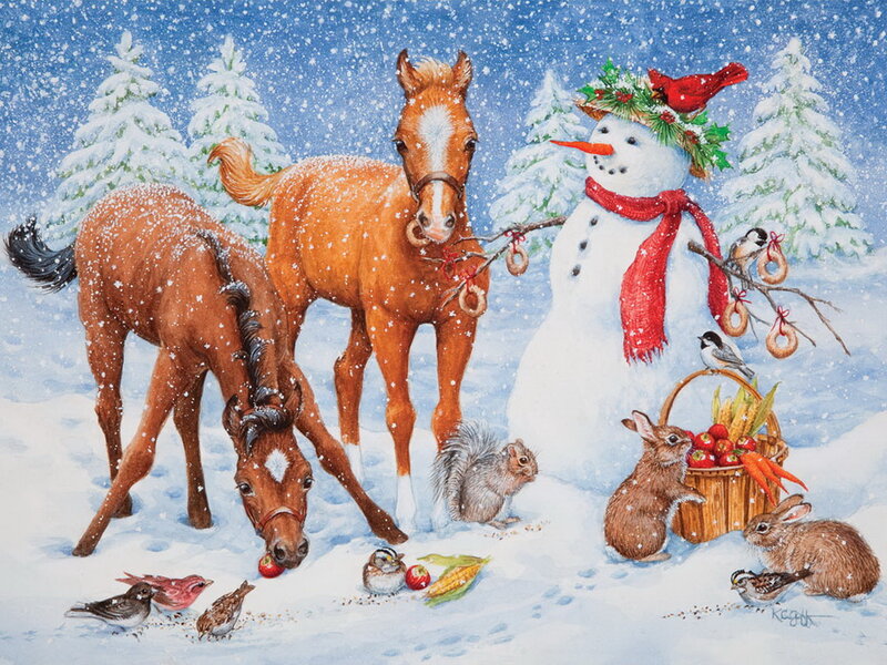 Horses and Snowman in Winter