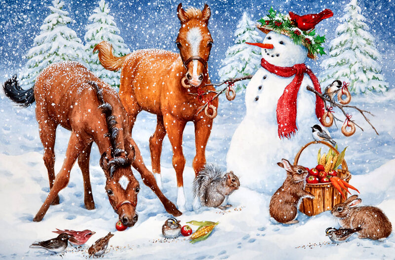 Horses and Snowman in Winter — White