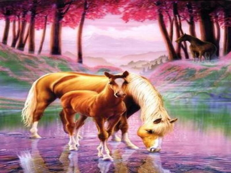 Horses at a colorful stream