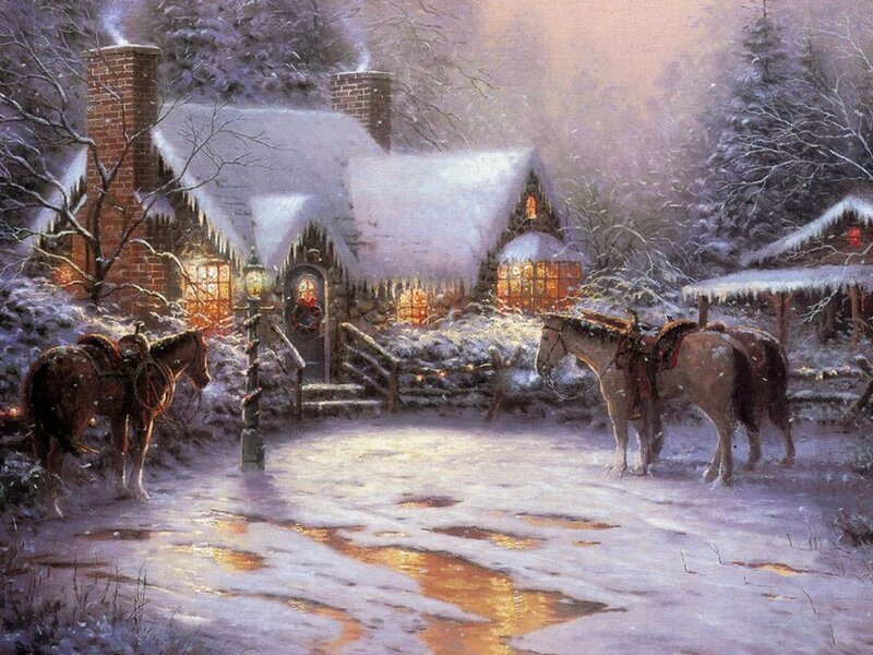 Horses at Inn in Snow