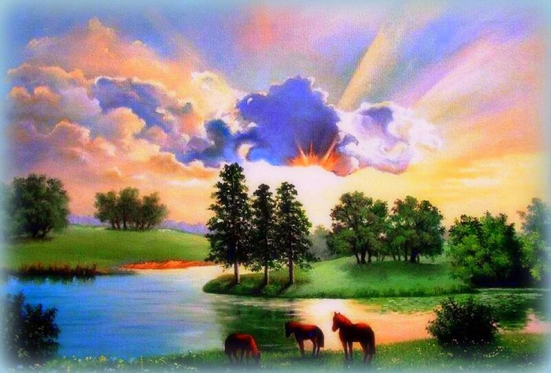Horses by a River — Blue