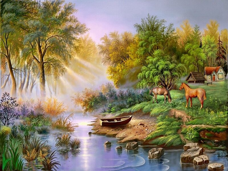 Horses by a River — Green, Serene, Morning, Painting, Boat