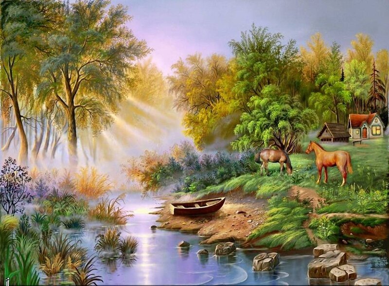 Horses by a River — Green, Serene, Morning, Painting, Boat, Trees