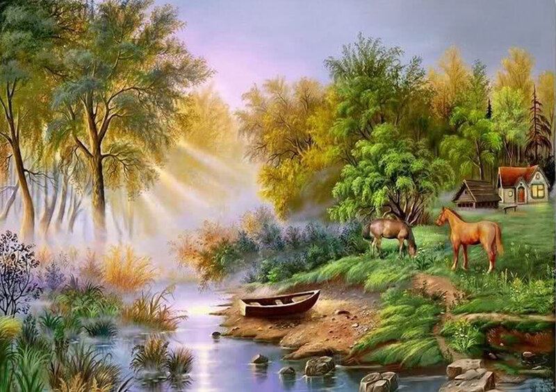 Horses by a River — Green, Serene, Morning