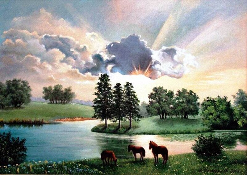 Horses by a River — Green, Serene, Sunset