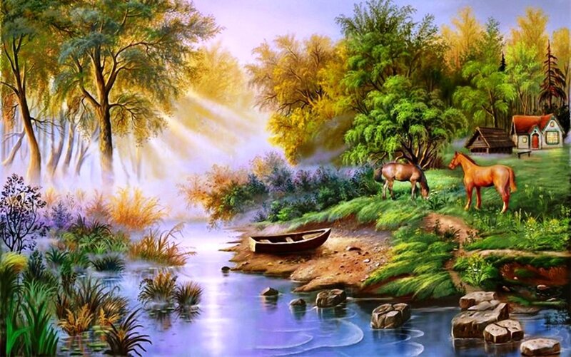 Horses by a River — Green, Serene