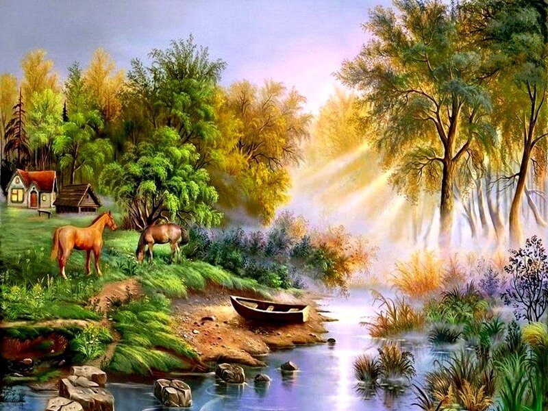 Horses by a River — Green