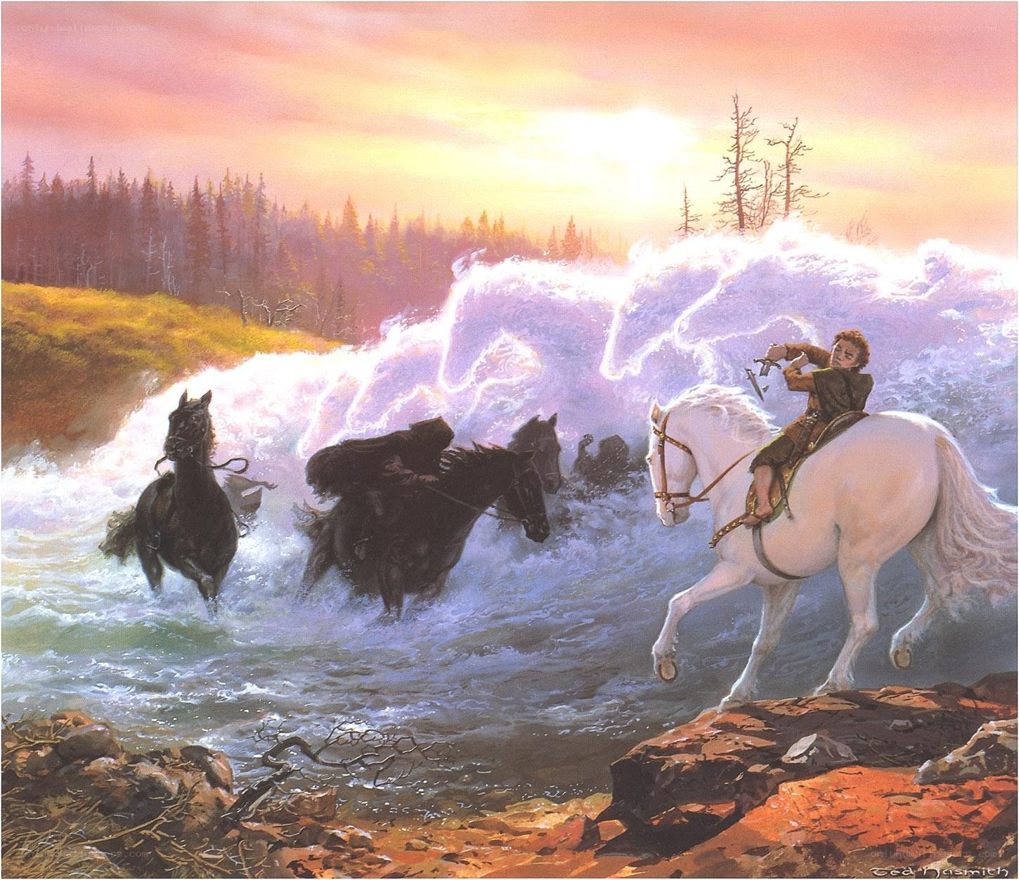 Horses crossing a river at sunset