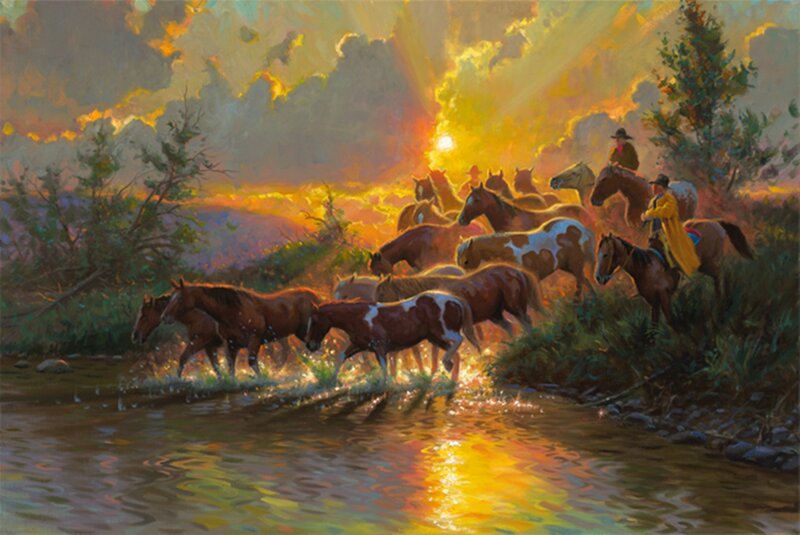 Horses Crossing a River — Orange