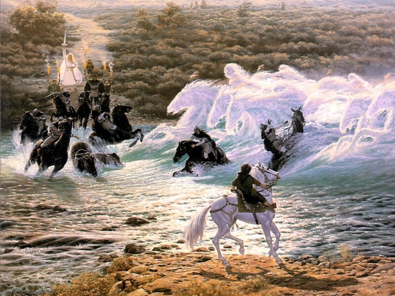 Horses crossing a river