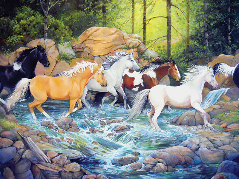 Horses Crossing Stream