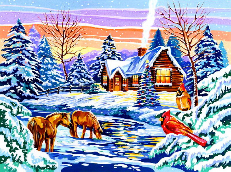 Horses Drinking Water — Blue, Peaceful