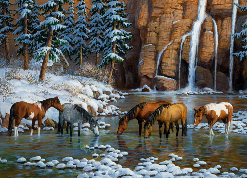 Horses Drinking Water — Brown, Serene
