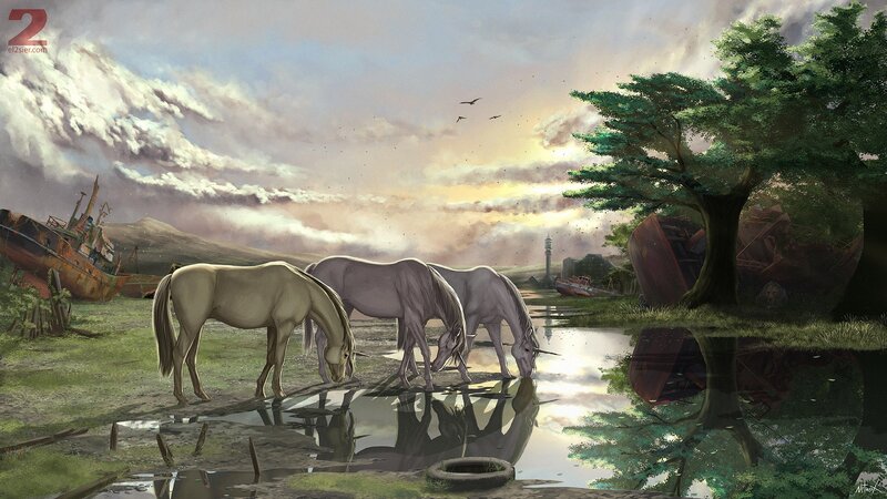 Horses Drinking Water — Green, Dramatic, Sunset