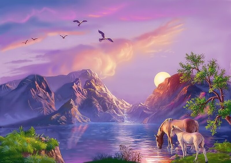 Horses Drinking Water — Purple, Serene, Sunset, Digital Art, Mountains, Birds