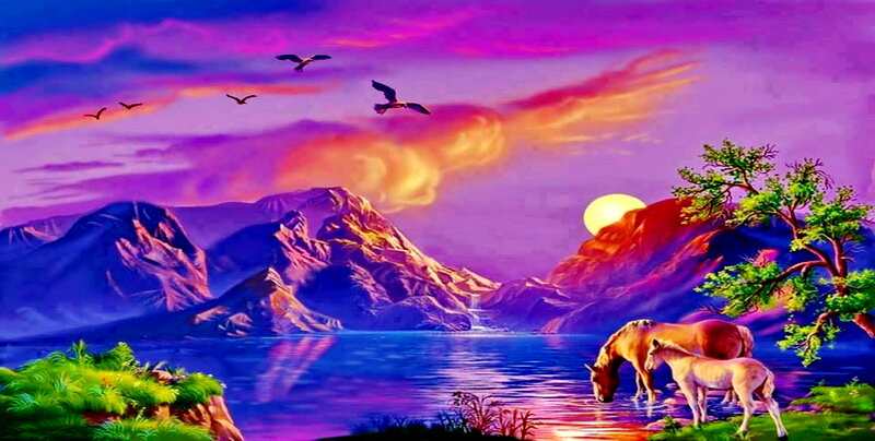Horses Drinking Water — Purple, Serene, Sunset, Digital Art