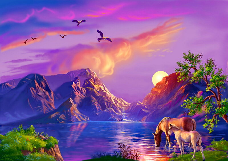 Horses Drinking Water — Purple, Serene, Sunset