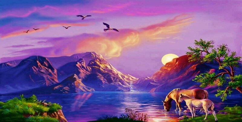 Horses Drinking Water — Purple, Serene