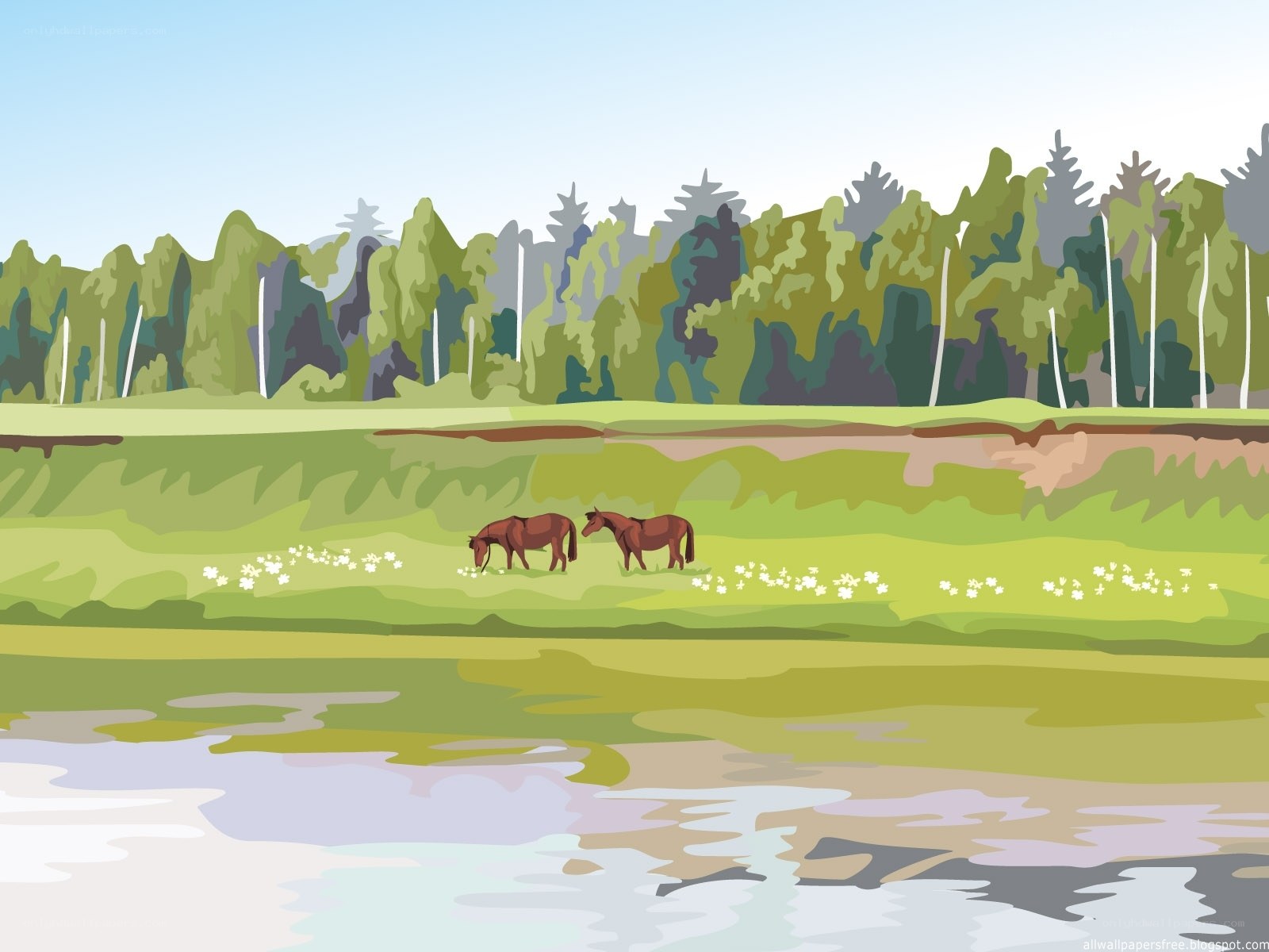 Horses grazing by a river