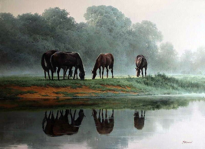 Horses Grazing by River — Green, Serene