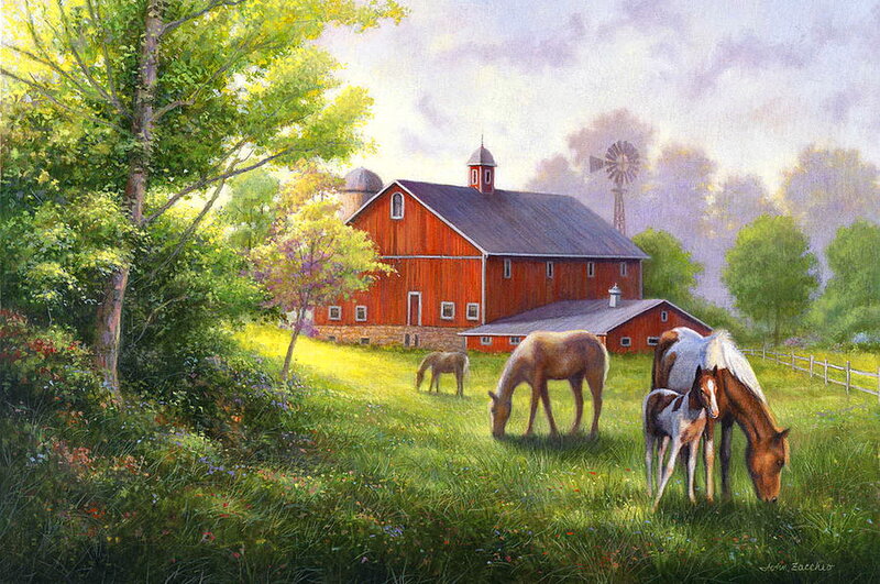 Horses Grazing in Field — Green, Serene, Afternoon, Painting