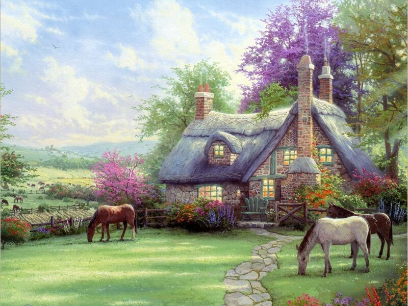 Horses Grazing Near Cottage