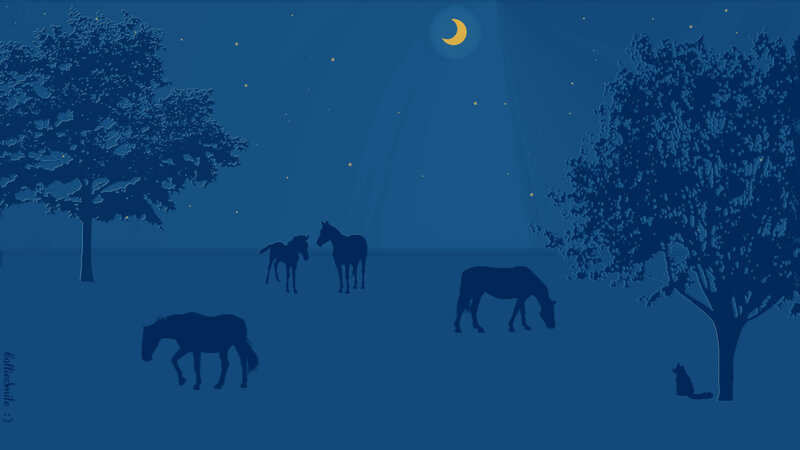 Horses in a Field — Blue, Serene, Night