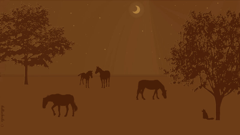 Horses in a Field — Brown, Serene, Night