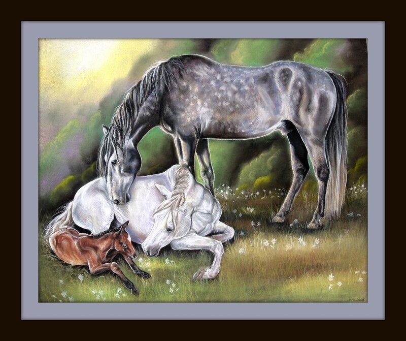 Horses in a Field — Green, Serene, Afternoon, Painting