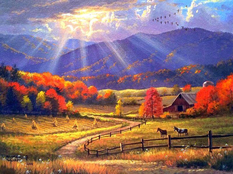 Horses in a Field — Orange, Serene, Autumn