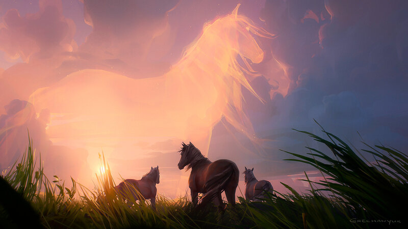Horses in a Field — Purple, Dramatic