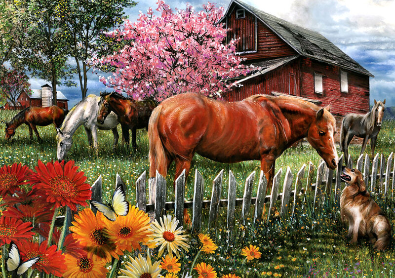 Horses in a Field — Red