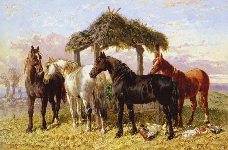 Horses in a Field — Yellow, Serene, Afternoon