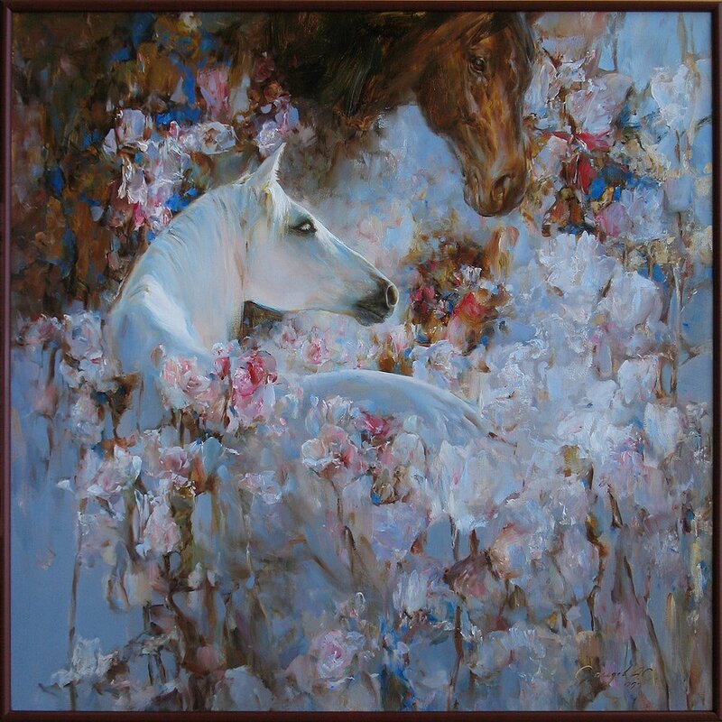 Horses in a floral garden