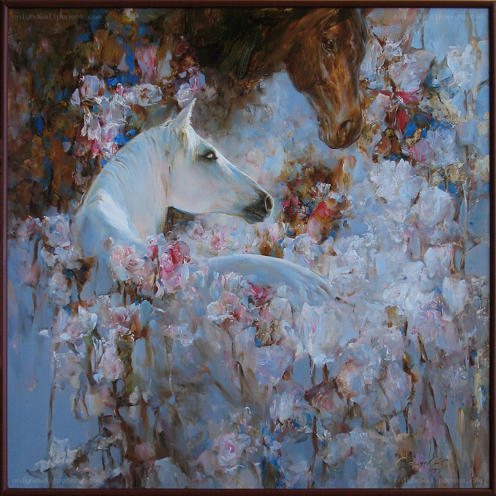 Horses in a floral garden