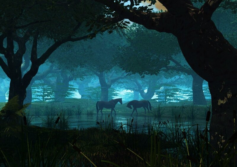 Horses in a misty forest