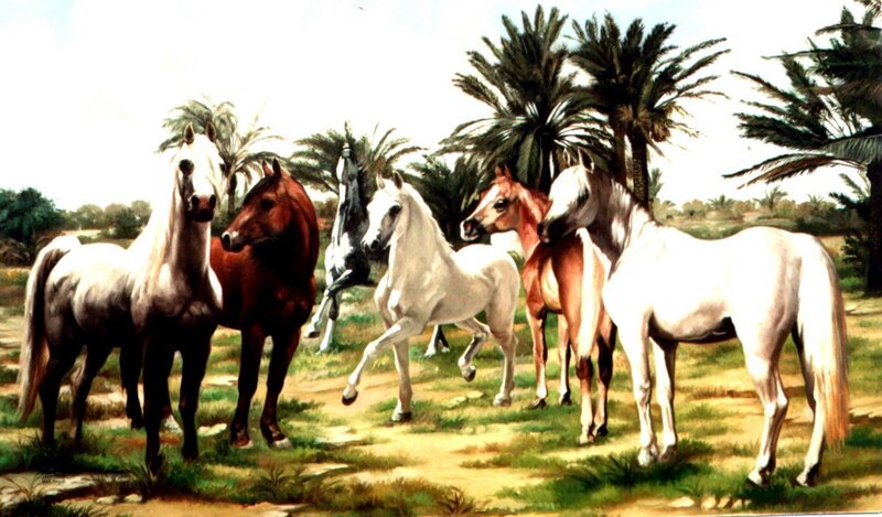 Horses in a palm grove