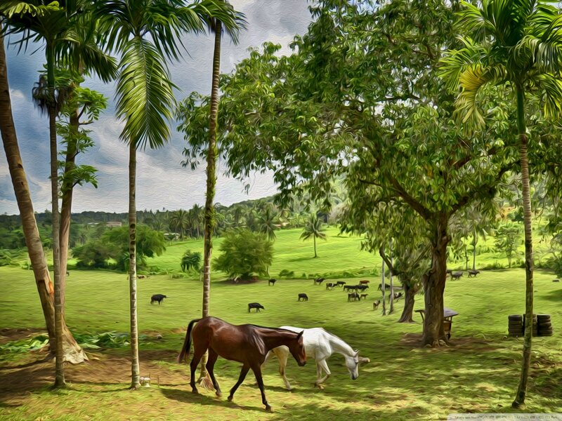 Horses in a Pasture — Green, Serene, Afternoon, Digital Art