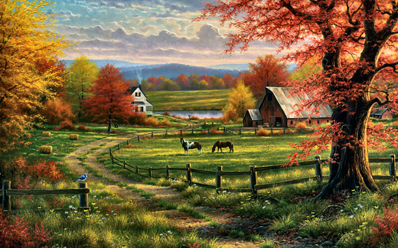 Horses in Autumn Field — Green