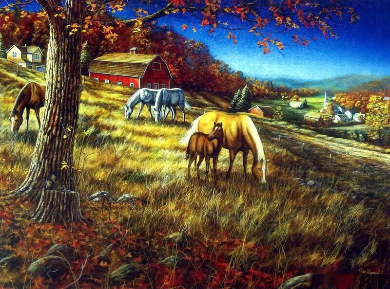 Horses in Autumn Field — Red
